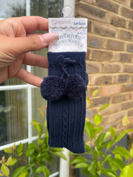 Navy PomPom Knee High Socks