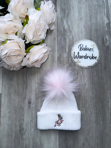 White & Pink Peter Rabbit PomPom Hat