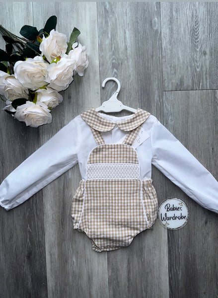 Beige Smocked Gingham Spanish Romper