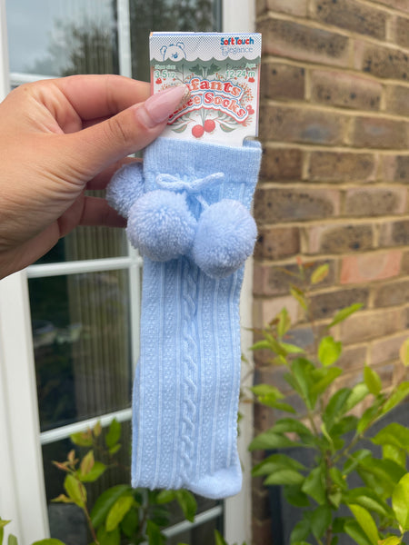 Blue PomPom Knee High Socks