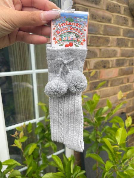 Grey PomPom Knee High Socks