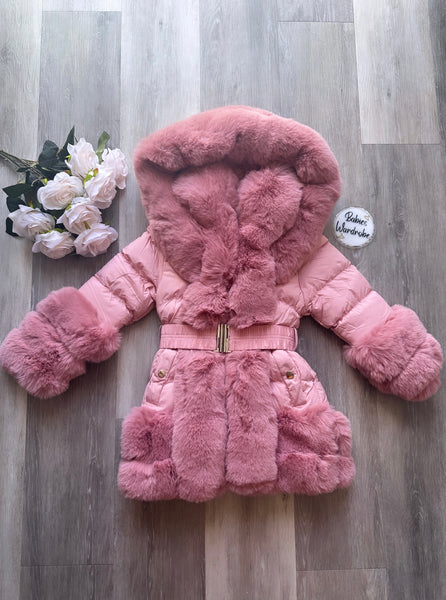 Pink hooded faux fur coat best sale