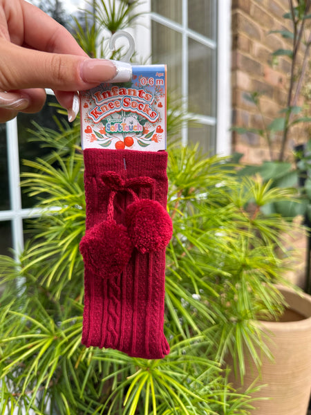 Burgundy Knee High Pom Pom Socks